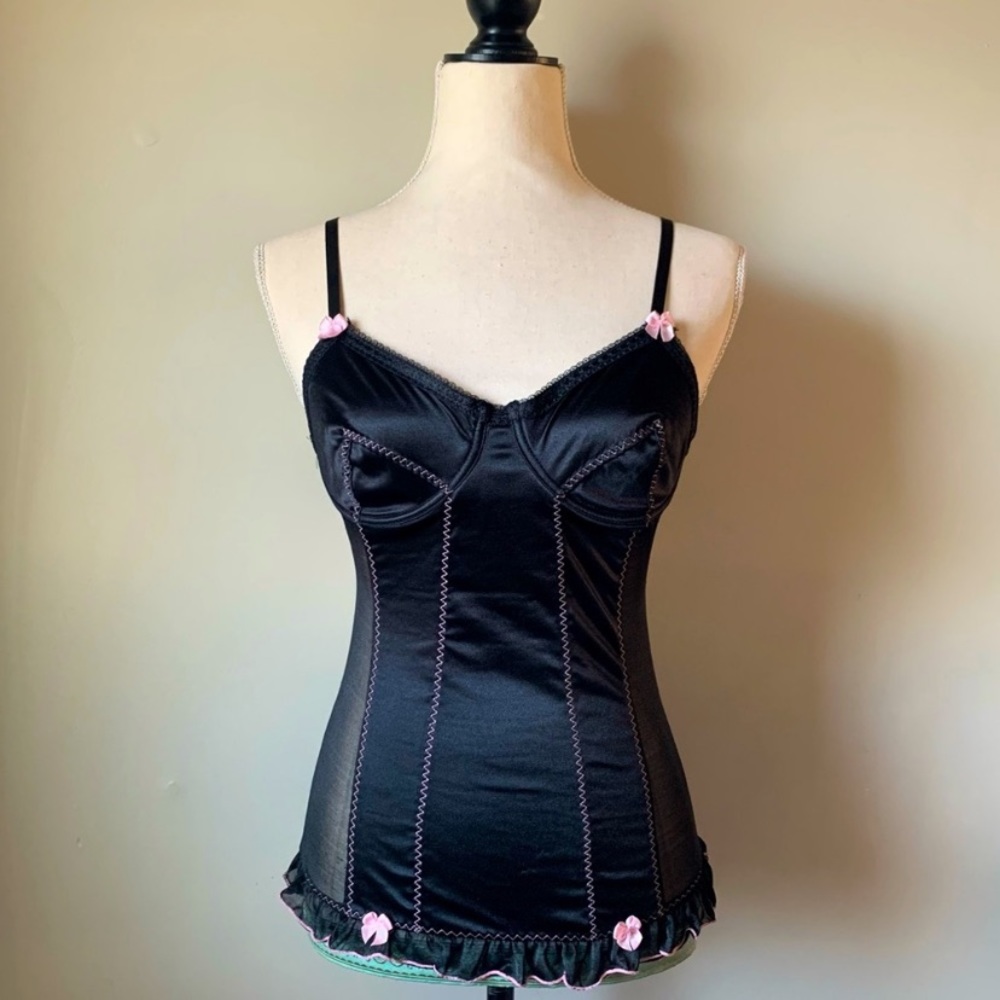 Vintage Y2K Black Satin Corset Style Slip w Pink Trim Set